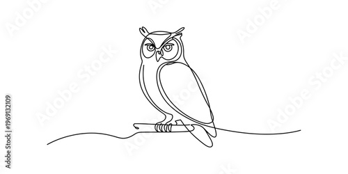 Minimalist continuous line drawing of a majestic owl perched calmly on a simple wooden branch Vector, illustration