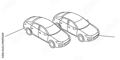 A simple black and white line drawing depicting two modern sedan cars parked side by side view Vector, illustration
