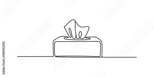 A single continuous line drawing of a rectangular tissue box with one paper napkin sticking out. Vector, illustration