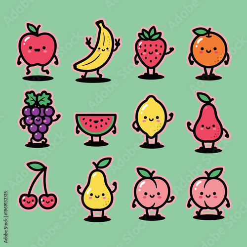 Adorable collection of cartoon fruits with happy faces and tiny legs.