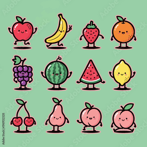 Adorable collection of cartoon fruits with happy faces and tiny legs.