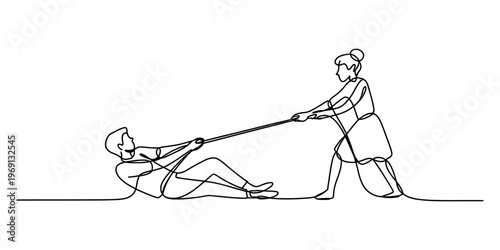 A single continuous line drawing of a woman pulling a man on the floor with a rope in black ink Vector, illustration