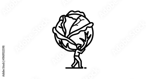 Symbolic line art portraying an individual's dedicated effort to harvest a substantial cabbage crop