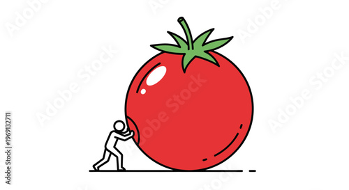 A determined stick figure pushes a giant red tomato forward, illustrating a struggle against