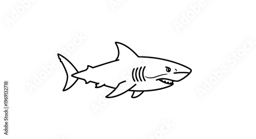 Minimalist black and white outline drawing of a fierce cartoon shark ready to strike