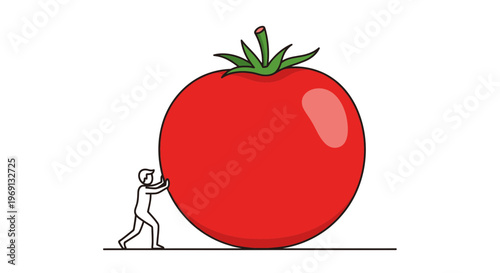 Determined individual confronts an oversized tomato, symbolizing a monumental task with unwavering