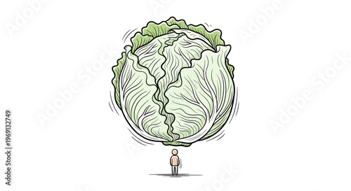 A small figure observes an impressively enormous head of green cabbage, depicting scale and