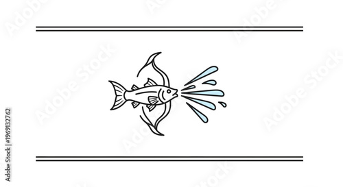 Minimalist fish icon spouting vibrant water droplets within a classic decorative border. Simple