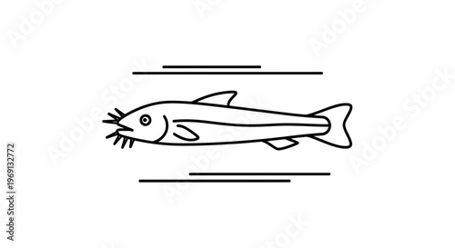Minimalist black outline drawing of a freshwater catfish swimming icon design element