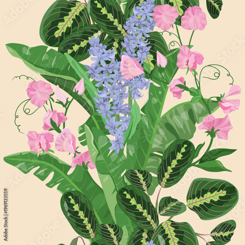 Delicate hyacinths and sweet pea flowers against a backdrop of banana leaves and arrowroot, creating a stunning vector illustration 