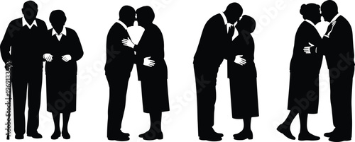 Black silhouette of elderly senior couples in loving poses including walking with cane, hugging, and kissing, isolated on white background for romantic concept and stock design.