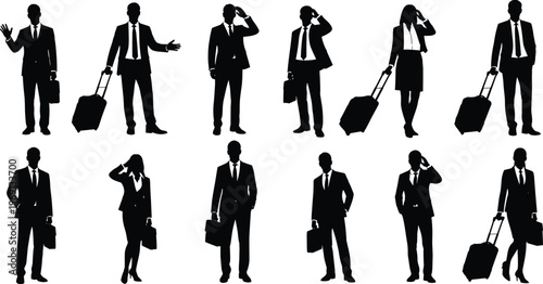 Silhouette illustration of twelve business professionals with briefcases and suitcases, representing corporate travel, commuting, communication, and modern workplace mobility in professional industry