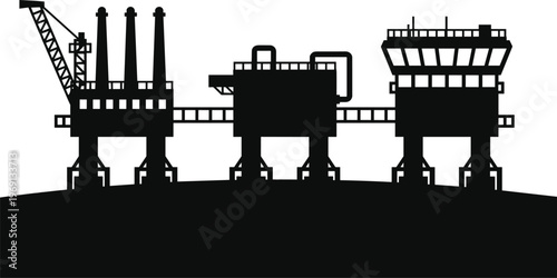 Silhouette of offshore oil drilling platform with crane, towers, and support columns in ocean, representing petroleum extraction industry, industrial engineering, and global energy 