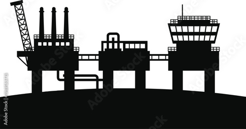Silhouette of offshore oil drilling rig with crane, towers, and support columns in ocean, representing industrial energy production infrastructure and petroleum extraction industry