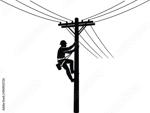 Silhouette of utility worker climbing electrical pole with safety harness and helmet, symbolizing infrastructure, maintenance, energy, electricity, repair, and professional technical work 