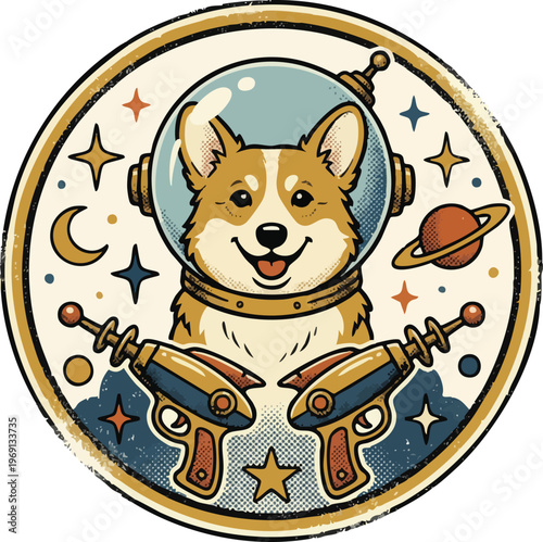 Vintage Corgi Astronaut with Ray Guns in a Circular Badge.