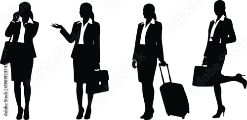 Silhouetted business professionals in various poses holding briefcases, handbags, and suitcases, symbolizing corporate lifestyle, travel, communication, mobility, and professional activity on 