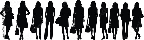 Silhouetted women standing with handbags in various poses, showcasing fashion, elegance, lifestyle, posture, clothing styles, and expressive movement on white background illustration
