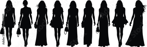Silhouetted women walking forward with handbags in elegant poses, showcasing fashion, clothing styles, lifestyle, posture, and accessories, symbolizing elegance and modern style on white background