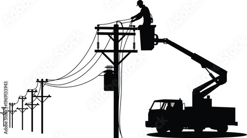 Utility worker repairing power lines using bucket truck, electrician maintenance on electrical pole, lineman safety work, energy infrastructure service, industrial silhouette illustration concept