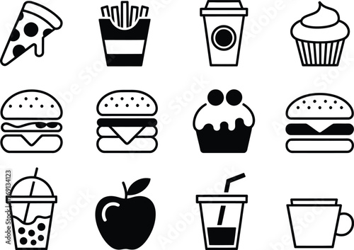 Collection of black and white food and drink pizza