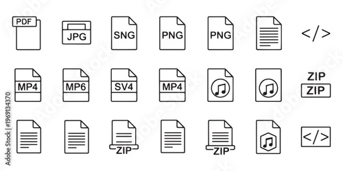 File format icons, 20 file type symbols, vector file icons, data storage illustrations