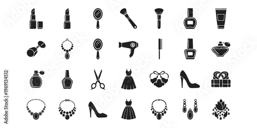 Fashion Icons, Beauty Symbols, Clothing and Accessories, Vector Graphic Set