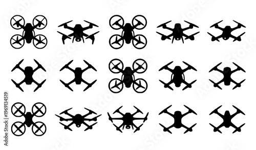 Flying drone silhouette icon set with quadcopter and hexacopter designs isolated on white background