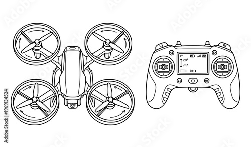 Hand-drawn drone with quadcopter and remote control outline vector illustration isolated on white background