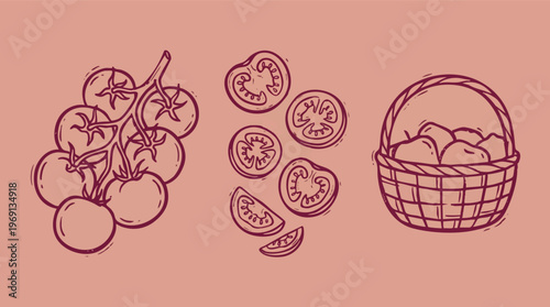 Tomato Vine, Slices, and Basket Illustration on Pink Background.