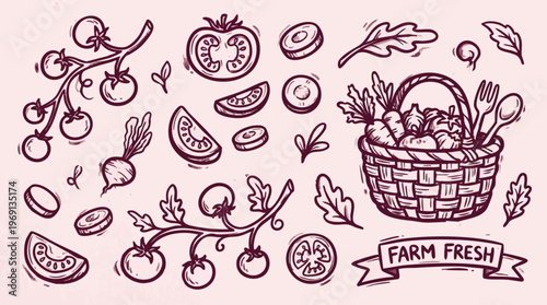 Hand Drawn Linocut Style Vegetable Icons and Farm Fresh Basket.