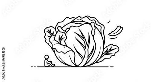Minimalist outline illustration of a tiny person contemplating an unusually giant head of fresh