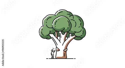 A tiny person stands amazed by a giant broccoli plant, illustrating healthy eating and nature's