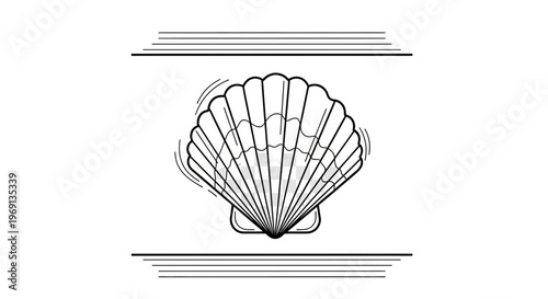 Stylized ocean scallop shell emblem featuring clean lines and subtle wave details