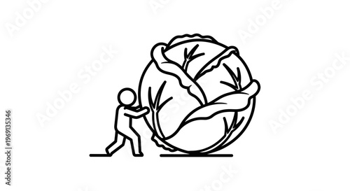 Iconic illustration of a determined stick figure overcoming an immense cabbage challenge