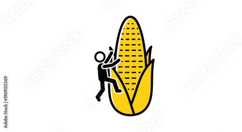 Minimalist illustration depicting a tiny figure ascending a vibrant yellow ear of corn
