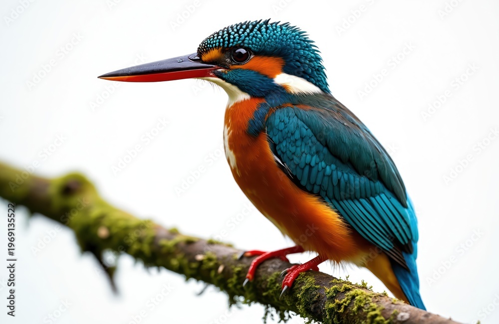 Fototapeta premium Common kingfisher bird sits on mossy tree branch. Brilliant blue and orange plumage. Tiny wild animal on white background. Detailed portrait of avian species.