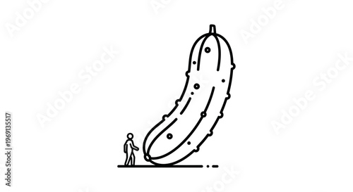 Exploring the humorous contrast of a minuscule human figure alongside an enormous cucumber in a