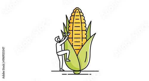 Diligent farmer scaling a colossal corn cob, symbolizing agricultural growth and bountiful harvest