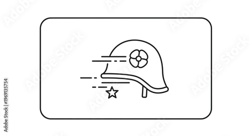 Dynamic protective headgear icon with speed lines and symbolic emblems for service and honor