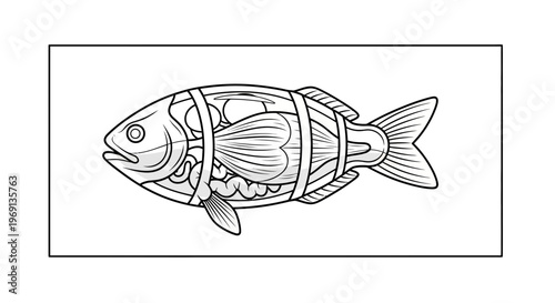 Detailed black and white line drawing illustration showcasing the internal anatomy of a freshwater