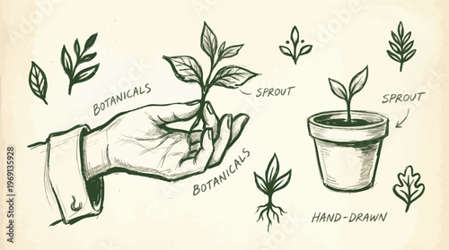 Hand-Drawn Sketches of Plant Sprouts, Leaves, and Potted Sapling.