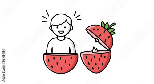 Joyful individual peeking from a vibrant strawberry, a delightful fruit surprise nearby