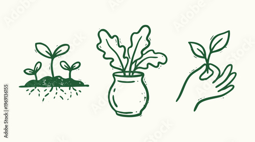 Green Plant Icons Featuring Sprouts, a Potted Plant, and a Hand.