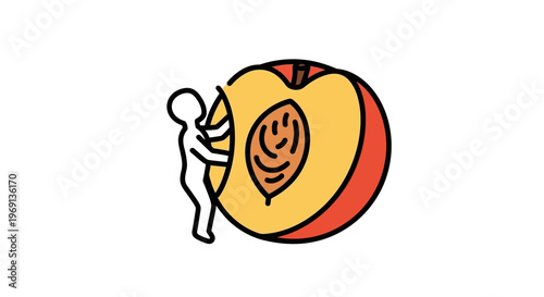 A simplistic stick figure embraces a vibrant, juicy cut peach with its visible pit for healthy