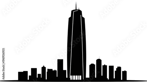 City Skyline Vector Illustration with a Prominent Modern Skyscraper at Night