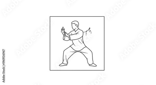 Minimalist outline drawing of a person engaged in a calm and balanced martial arts stance for