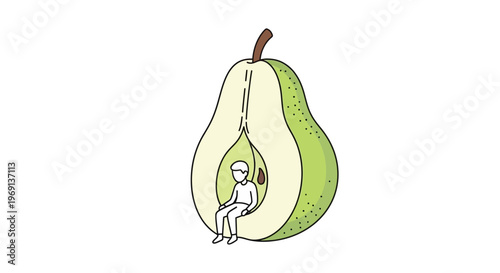 Inner Sanctuary: A person sitting peacefully within the serene embrace of a sliced pear illustration
