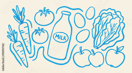 Blue Hand Drawn Illustrations of Healthy Groceries on Cream Paper.