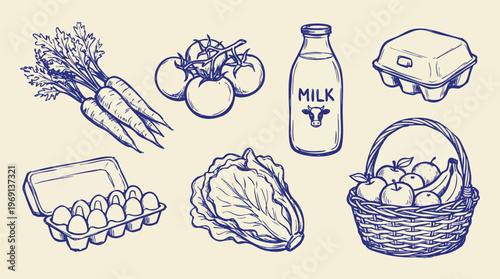 Blue Ink Sketch of Grocery Items and Fresh Produce on Cream.